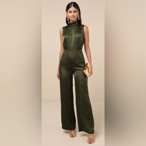 NWOT lulus Classic Elegance Olive Green Satin Sleeveless Mock Neck Jumpsuit READ